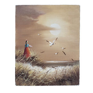 Original Oil Painting Fall Seashore Landscape 10x8 Signed Fenton On Wood Coastal